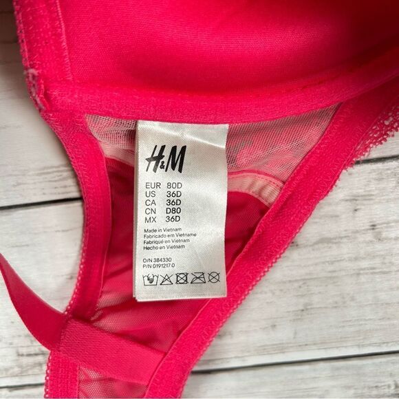 H&M Padded Hot Pink Lace Push-up Underwire Bra 36D - Picture 3 of 4